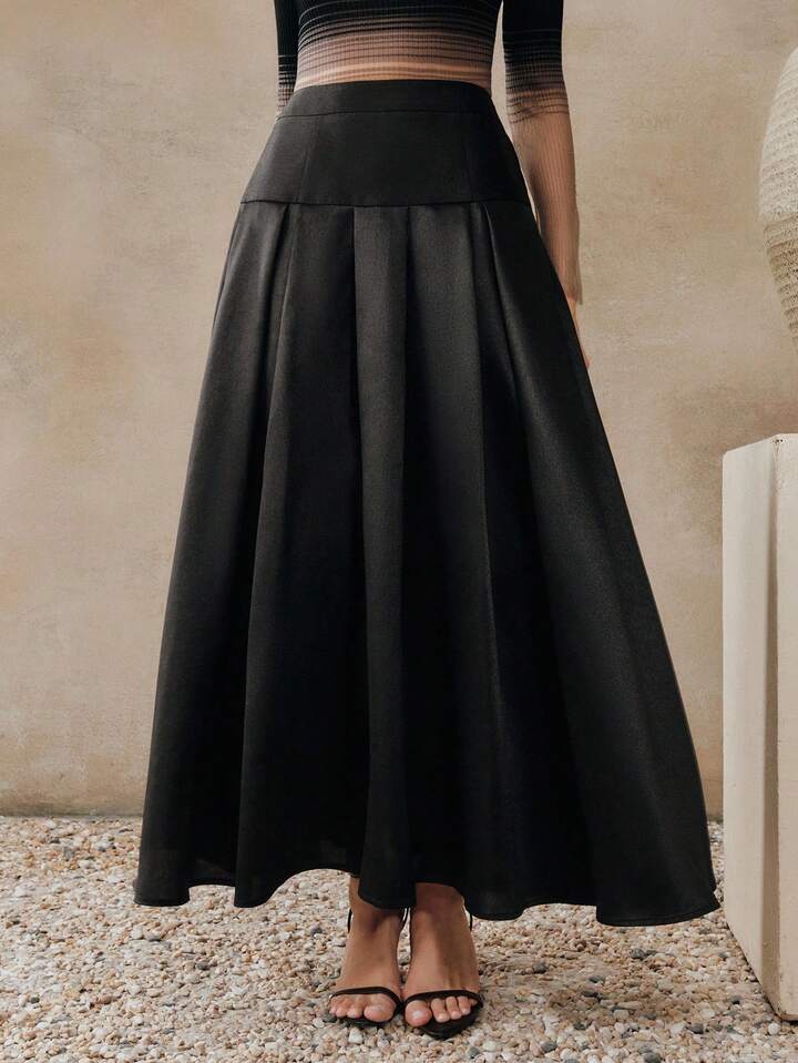 CM-BS435306 Women Eleganyt Seoul Style Loose High Waist A-Line Pleated Skirt - Black