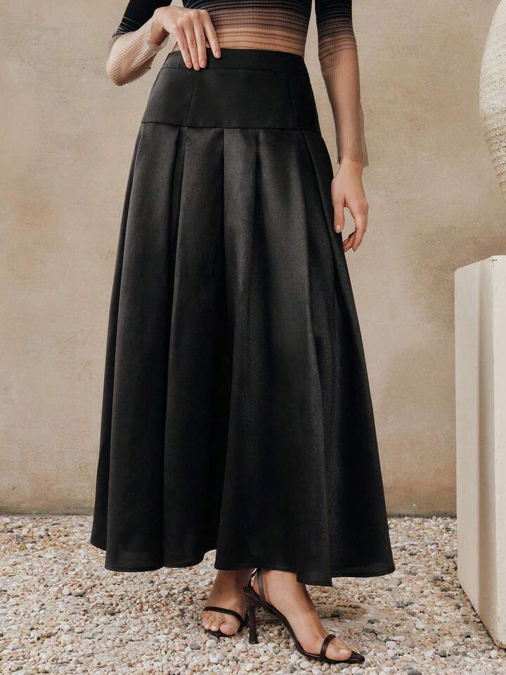 CM-BS435306 Women Eleganyt Seoul Style Loose High Waist A-Line Pleated Skirt - Black