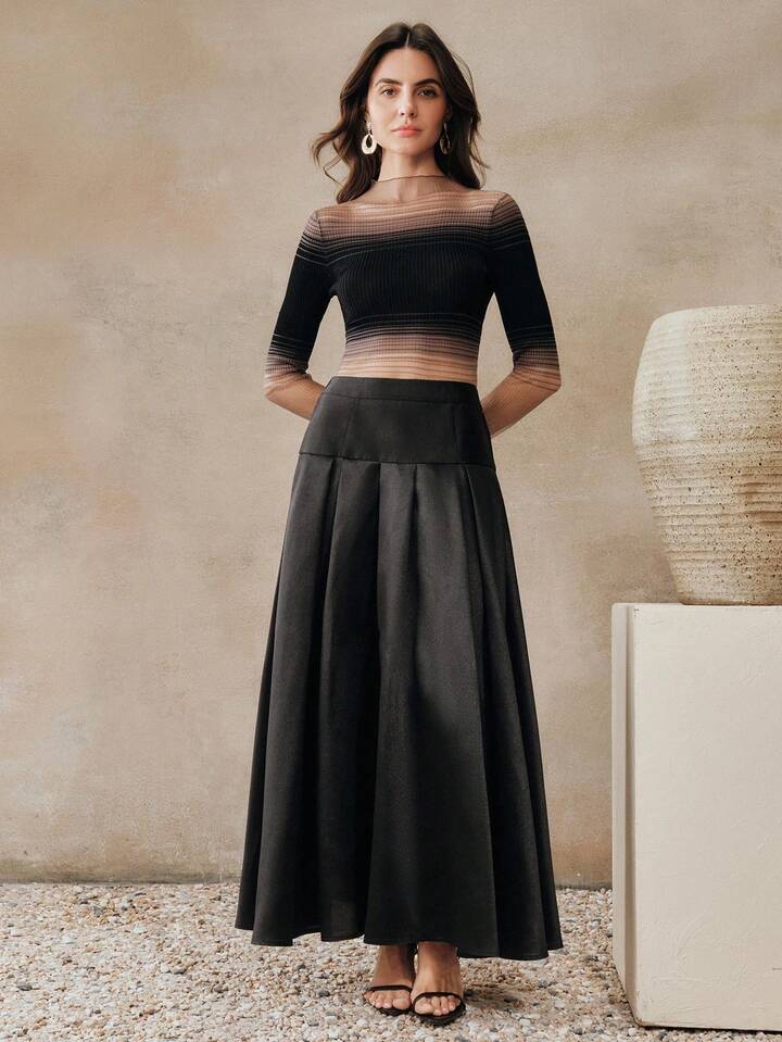 CM-BS435306 Women Eleganyt Seoul Style Loose High Waist A-Line Pleated Skirt - Black