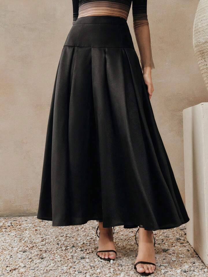 CM-BS435306 Women Eleganyt Seoul Style Loose High Waist A-Line Pleated Skirt - Black