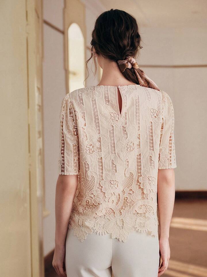 CM-TS921555 Women Elegant Seoul Style Round Neck Short Sleeve Embroidered Lace Top - Dusty Pink