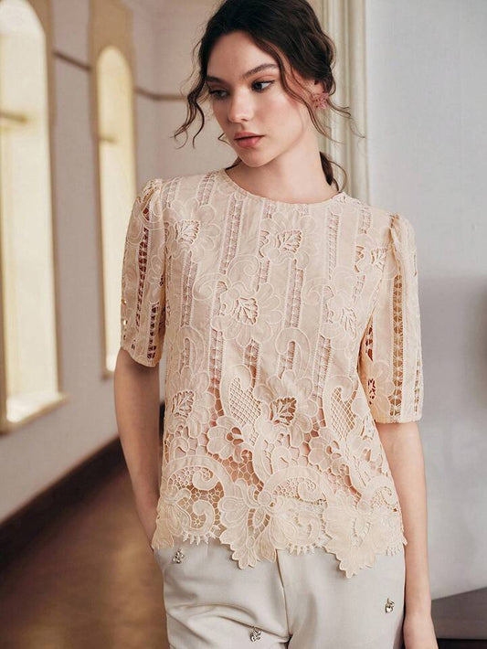 CM-TS921555 Women Elegant Seoul Style Round Neck Short Sleeve Embroidered Lace Top - Dusty Pink