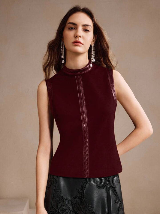 CM-TS326035 Women Elegant Seoul Style Stand Collar Rhinestone Decor Sleeveless Tank Top - Red