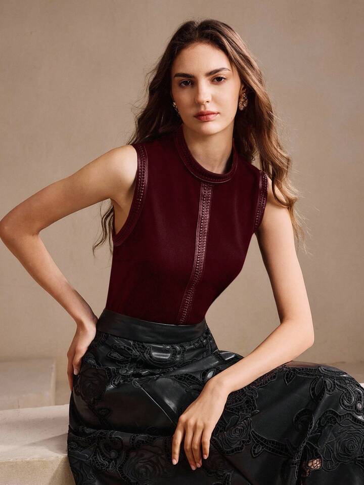 CM-TS326035 Women Elegant Seoul Style Stand Collar Rhinestone Decor Sleeveless Tank Top - Red