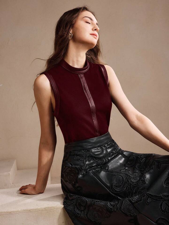 CM-TS326035 Women Elegant Seoul Style Stand Collar Rhinestone Decor Sleeveless Tank Top - Red