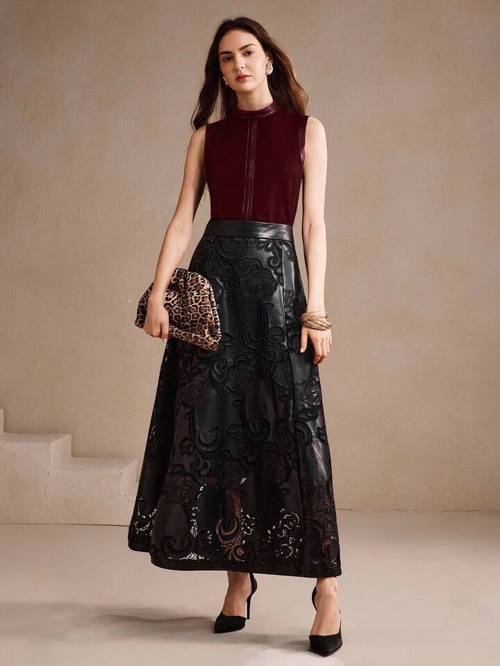 CM-TS326035 Women Elegant Seoul Style Stand Collar Rhinestone Decor Sleeveless Tank Top - Red