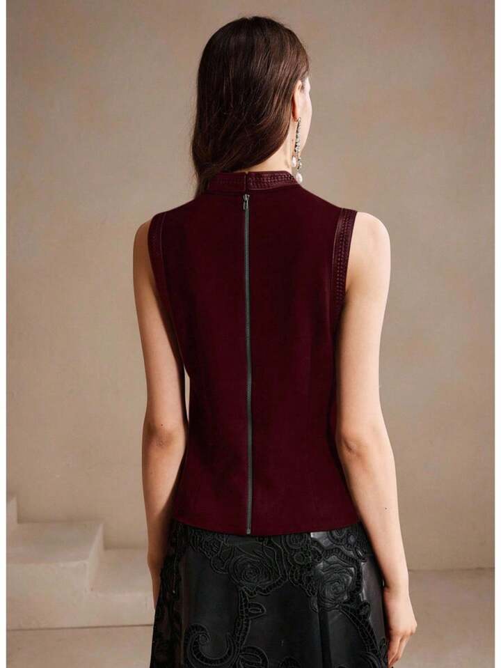 CM-TS326035 Women Elegant Seoul Style Stand Collar Rhinestone Decor Sleeveless Tank Top - Red