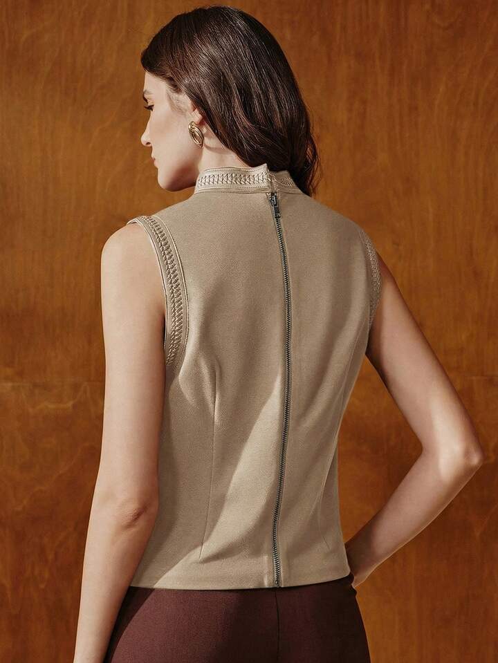 CM-TS575053 Women Elegant Seoul Style Stand Collar Rhinestone Decor Sleeveless Tank Top - Khaki