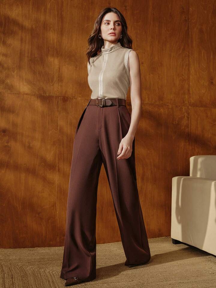 CM-TS575053 Women Elegant Seoul Style Stand Collar Rhinestone Decor Sleeveless Tank Top - Khaki