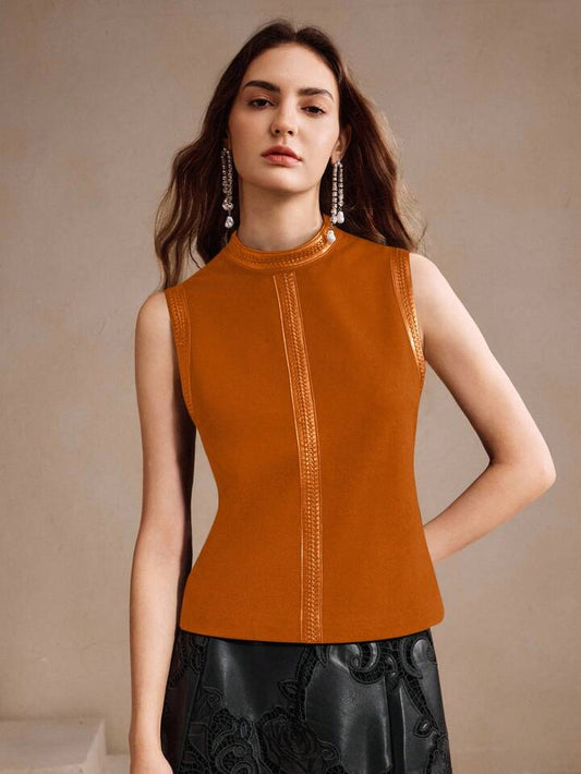 CM-TS111414 Women Elegant Seoul Style Stand Collar Rhinestone Decor Sleeveless Tank Top - Orange