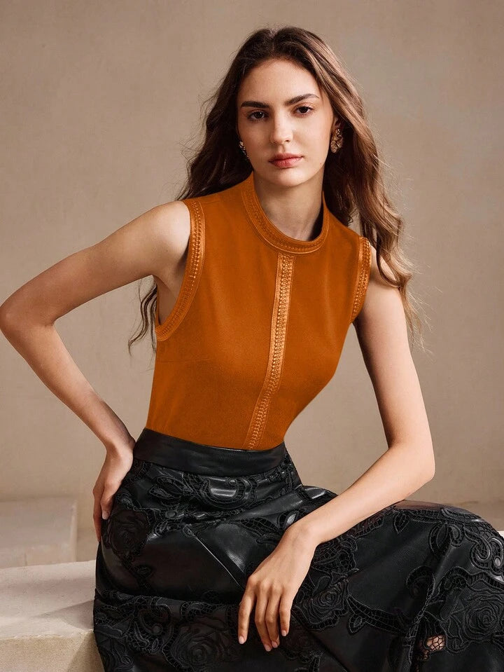 CM-TS111414 Women Elegant Seoul Style Stand Collar Rhinestone Decor Sleeveless Tank Top - Orange