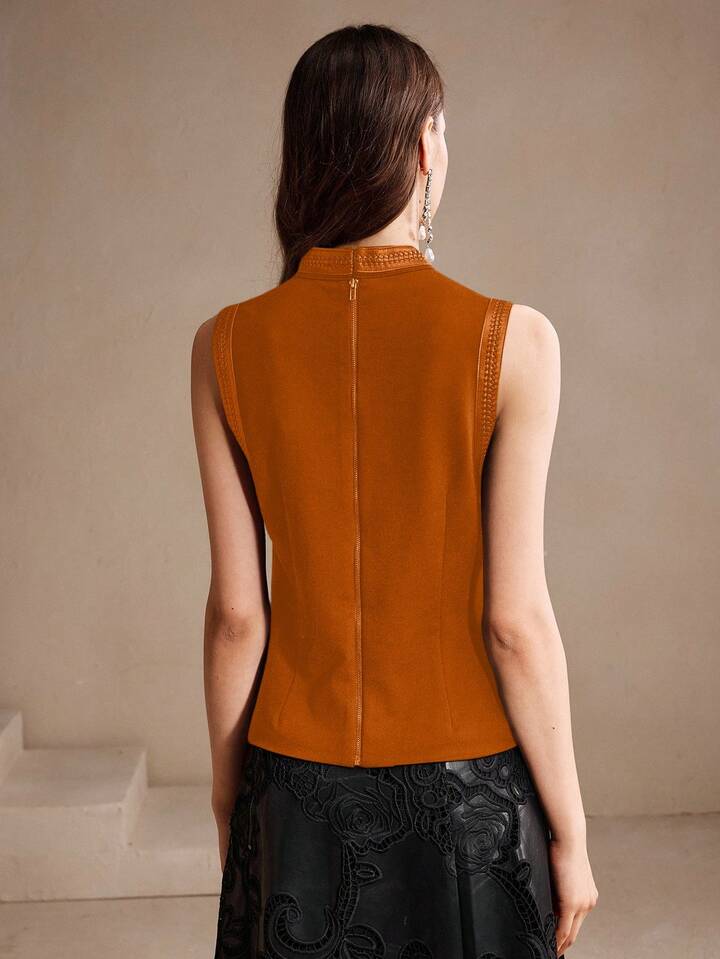 CM-TS111414 Women Elegant Seoul Style Stand Collar Rhinestone Decor Sleeveless Tank Top - Orange