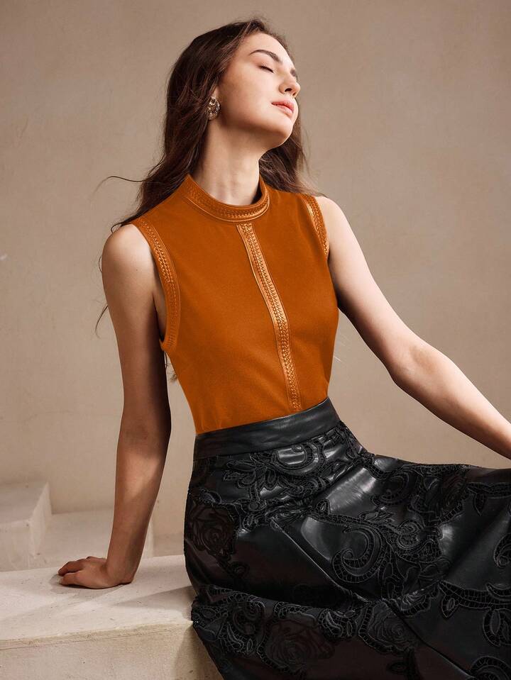 CM-TS111414 Women Elegant Seoul Style Stand Collar Rhinestone Decor Sleeveless Tank Top - Orange