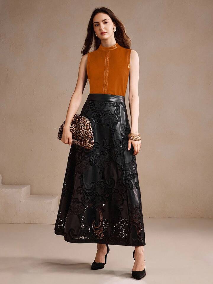 CM-TS111414 Women Elegant Seoul Style Stand Collar Rhinestone Decor Sleeveless Tank Top - Orange