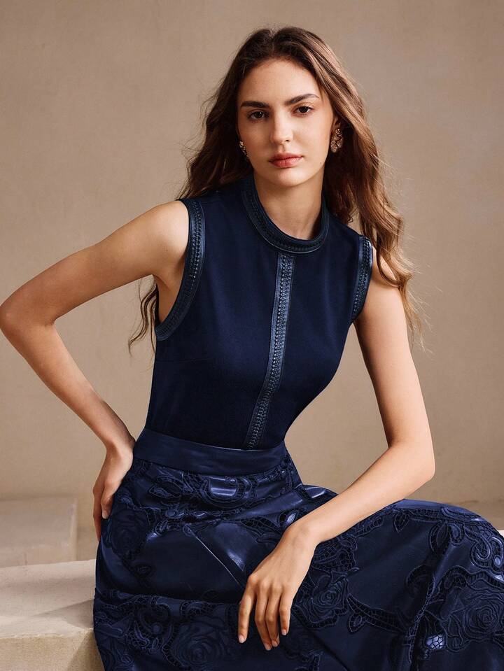 CM-TS246983 Women Elegant Seoul Style Stand Collar Rhinestone Decor Sleeveless Tank Top - Navy Blue