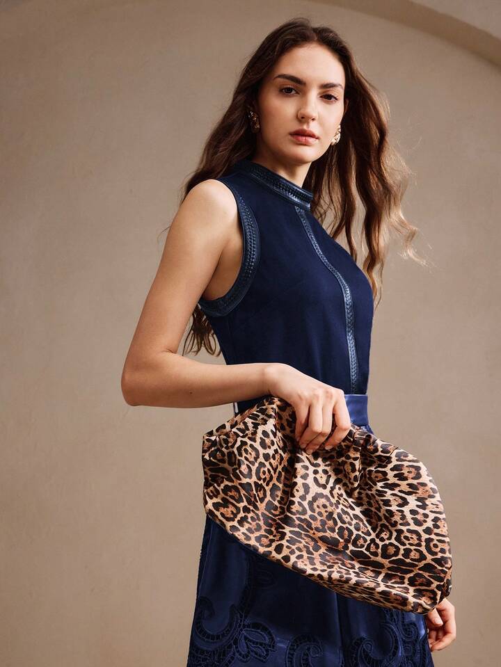 CM-TS246983 Women Elegant Seoul Style Stand Collar Rhinestone Decor Sleeveless Tank Top - Navy Blue