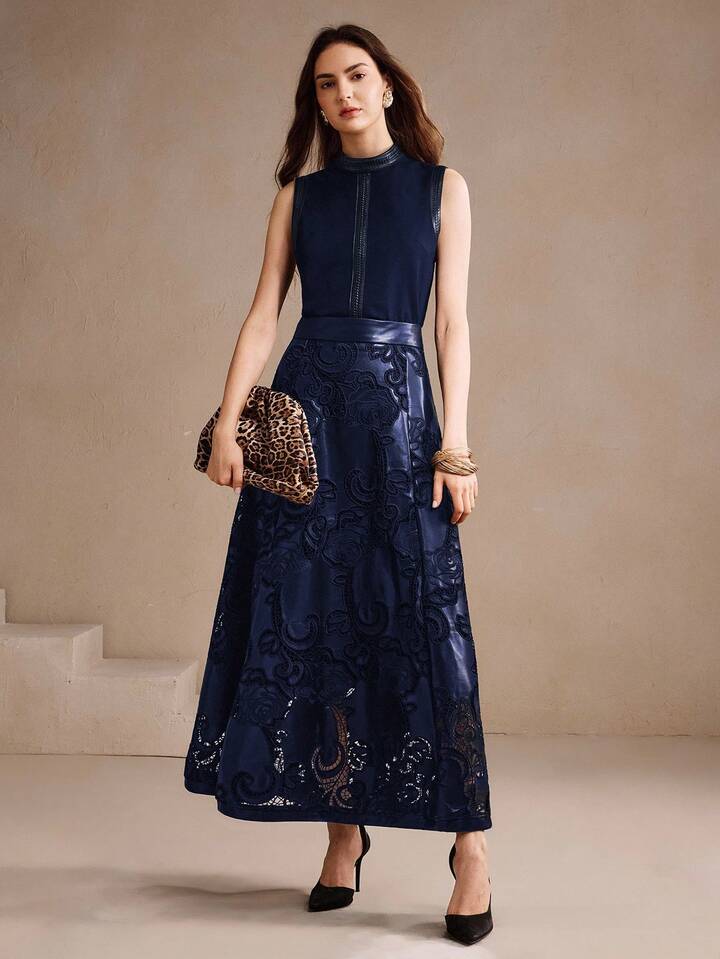 CM-TS246983 Women Elegant Seoul Style Stand Collar Rhinestone Decor Sleeveless Tank Top - Navy Blue