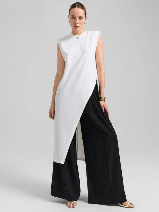 CM-TS667639 Women Casual Seoul Style Round Neck Wide Shoulder Sleeveless Asymmetric Hem Mid-Length Top - White
