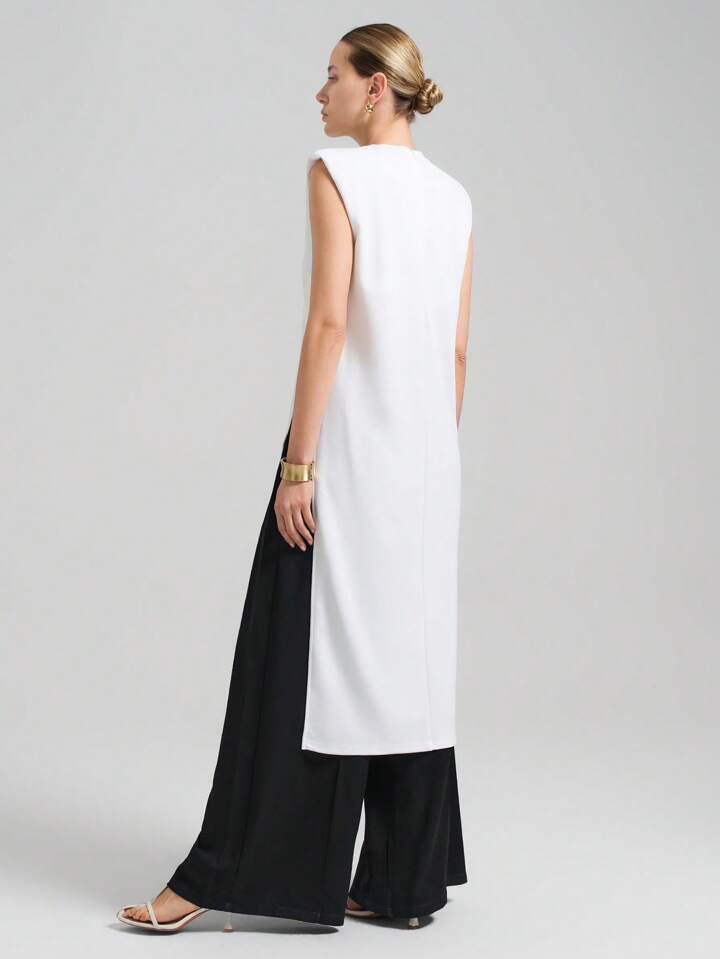 CM-TS667639 Women Casual Seoul Style Round Neck Wide Shoulder Sleeveless Asymmetric Hem Mid-Length Top - White