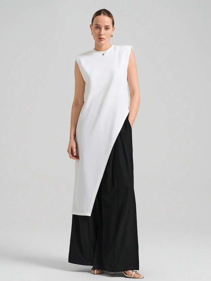CM-TS667639 Women Casual Seoul Style Round Neck Wide Shoulder Sleeveless Asymmetric Hem Mid-Length Top - White