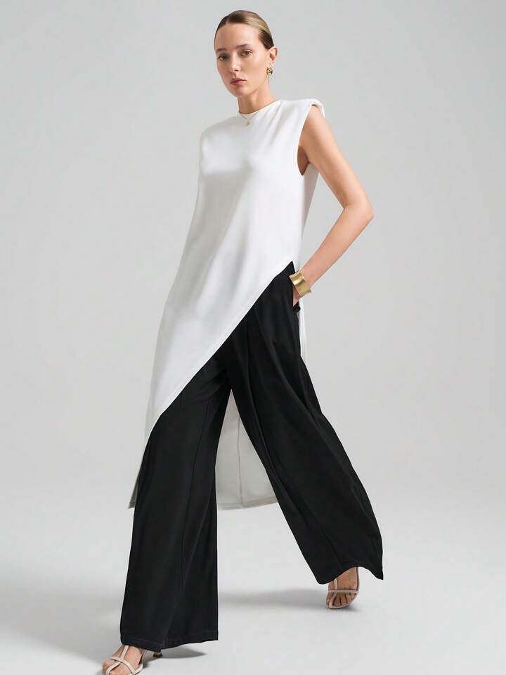 CM-TS667639 Women Casual Seoul Style Round Neck Wide Shoulder Sleeveless Asymmetric Hem Mid-Length Top - White