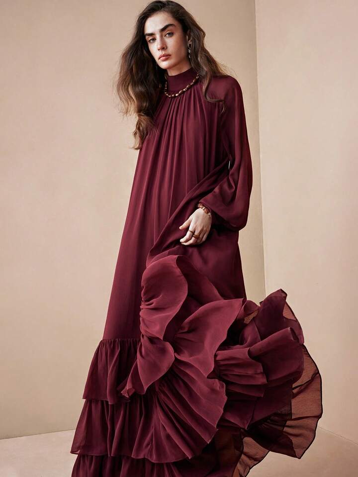 CM-DS437313 Women Elegant Seoul Style Stand Collar Long Sleeve Loose Fit Chiffon Layered Ruffle Dress - Burgundy
