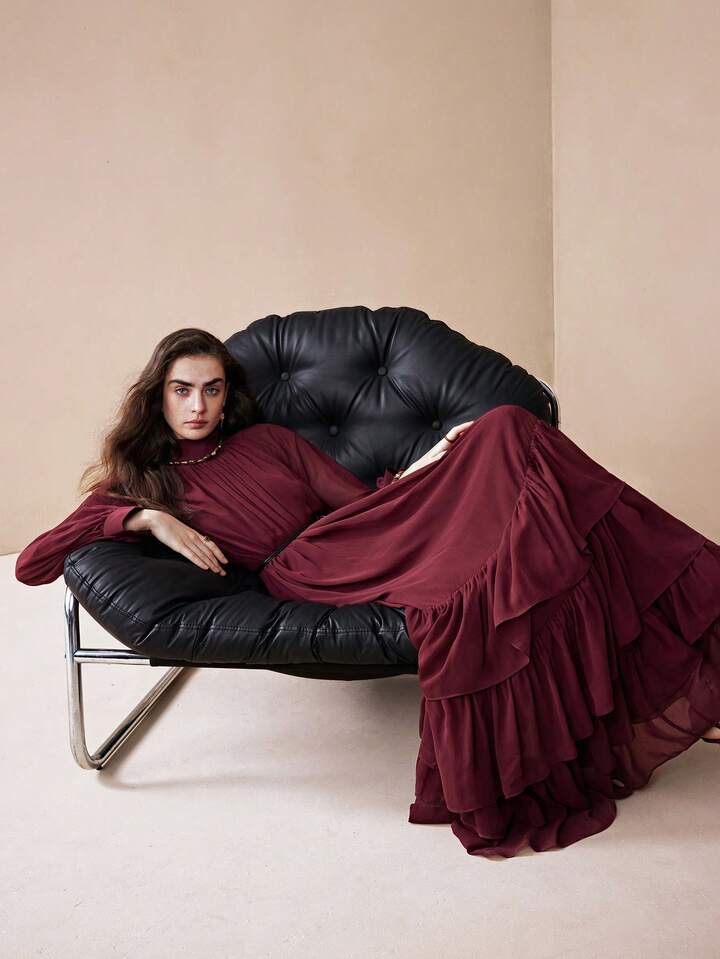 CM-DS437313 Women Elegant Seoul Style Stand Collar Long Sleeve Loose Fit Chiffon Layered Ruffle Dress - Burgundy