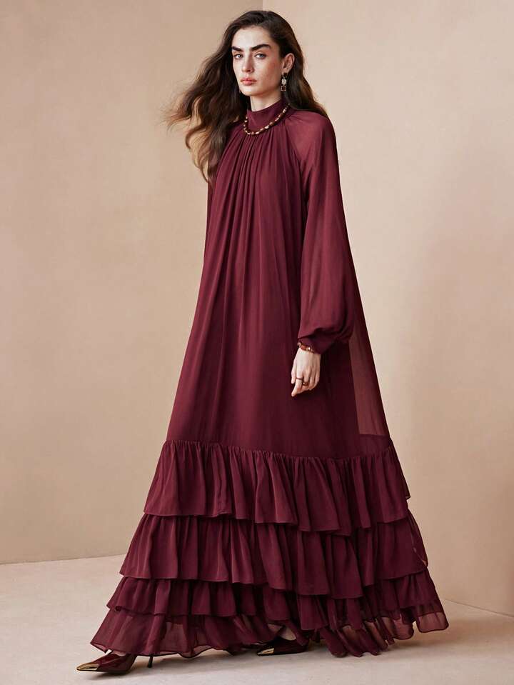 CM-DS437313 Women Elegant Seoul Style Stand Collar Long Sleeve Loose Fit Chiffon Layered Ruffle Dress - Burgundy
