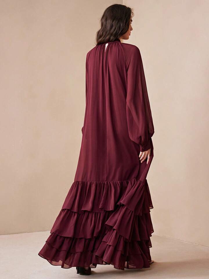 CM-DS437313 Women Elegant Seoul Style Stand Collar Long Sleeve Loose Fit Chiffon Layered Ruffle Dress - Burgundy