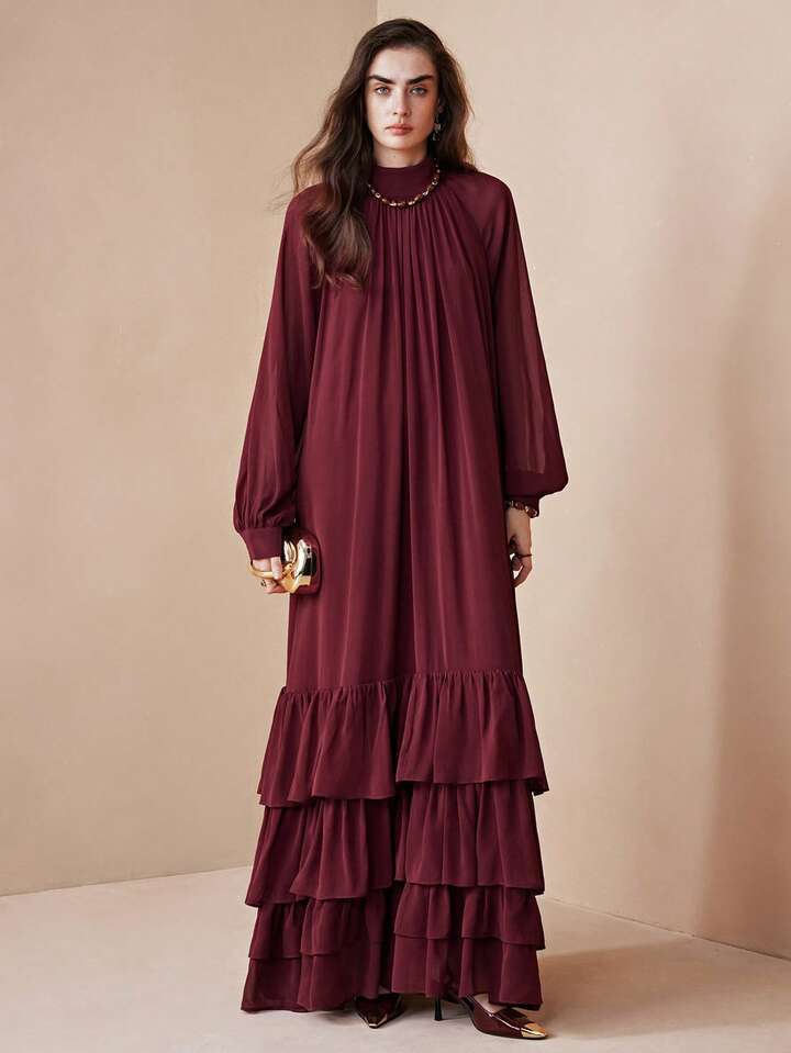 CM-DS437313 Women Elegant Seoul Style Stand Collar Long Sleeve Loose Fit Chiffon Layered Ruffle Dress - Burgundy
