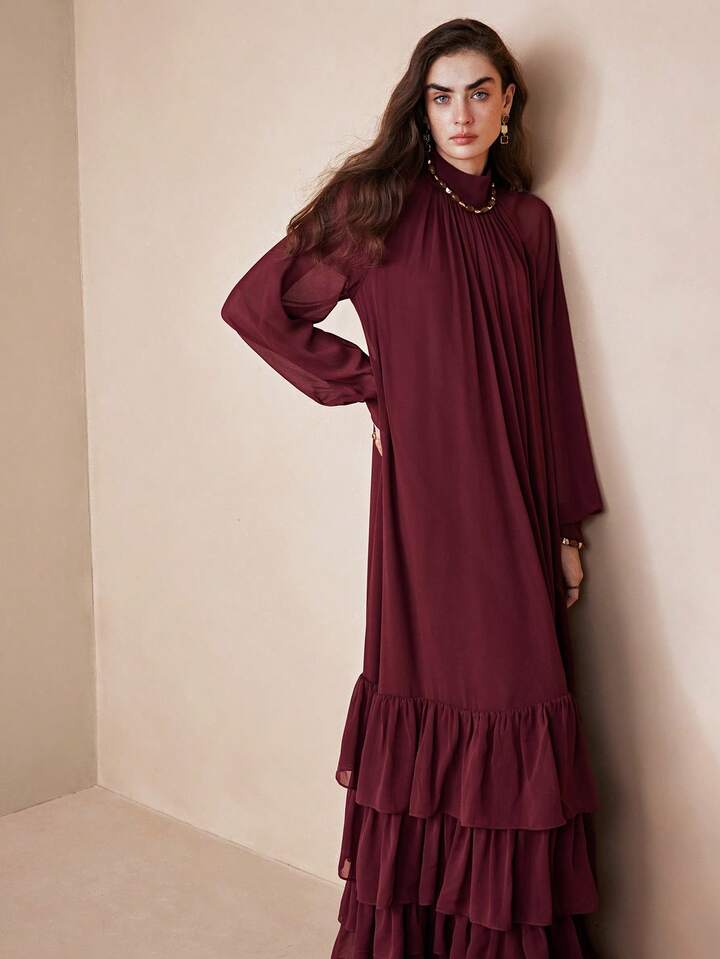 CM-DS437313 Women Elegant Seoul Style Stand Collar Long Sleeve Loose Fit Chiffon Layered Ruffle Dress - Burgundy