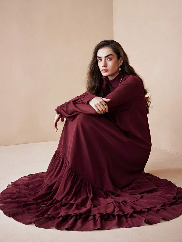 CM-DS437313 Women Elegant Seoul Style Stand Collar Long Sleeve Loose Fit Chiffon Layered Ruffle Dress - Burgundy