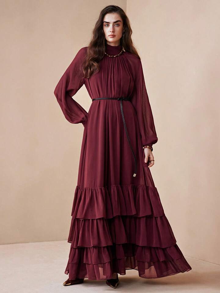CM-DS437313 Women Elegant Seoul Style Stand Collar Long Sleeve Loose Fit Chiffon Layered Ruffle Dress - Burgundy