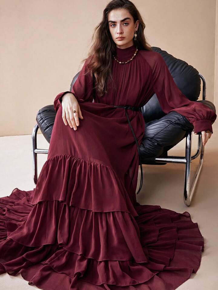 CM-DS437313 Women Elegant Seoul Style Stand Collar Long Sleeve Loose Fit Chiffon Layered Ruffle Dress - Burgundy