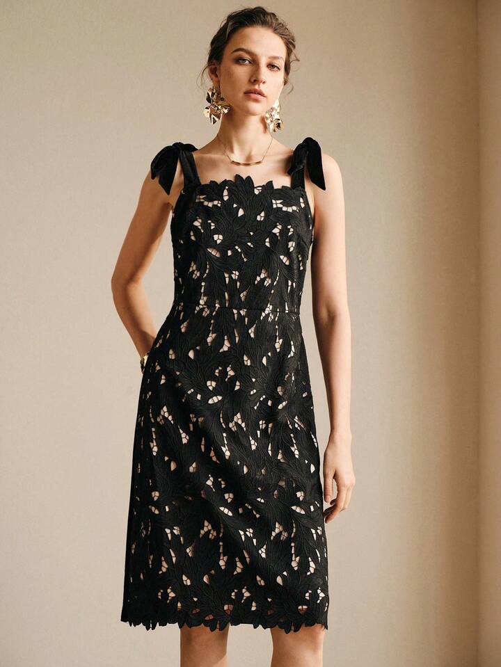 CM-DS973400 Women Trendy Bohemian Style Spaghetti Strap Bow Tie Corduroy Contrast Lace Dress - Black