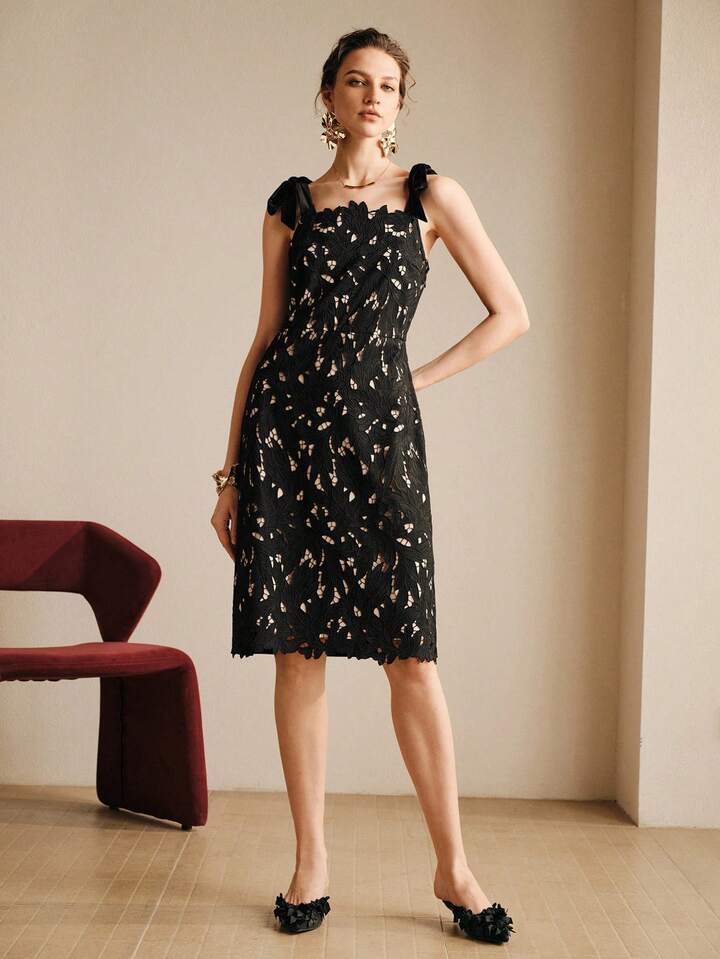 CM-DS973400 Women Trendy Bohemian Style Spaghetti Strap Bow Tie Corduroy Contrast Lace Dress - Black