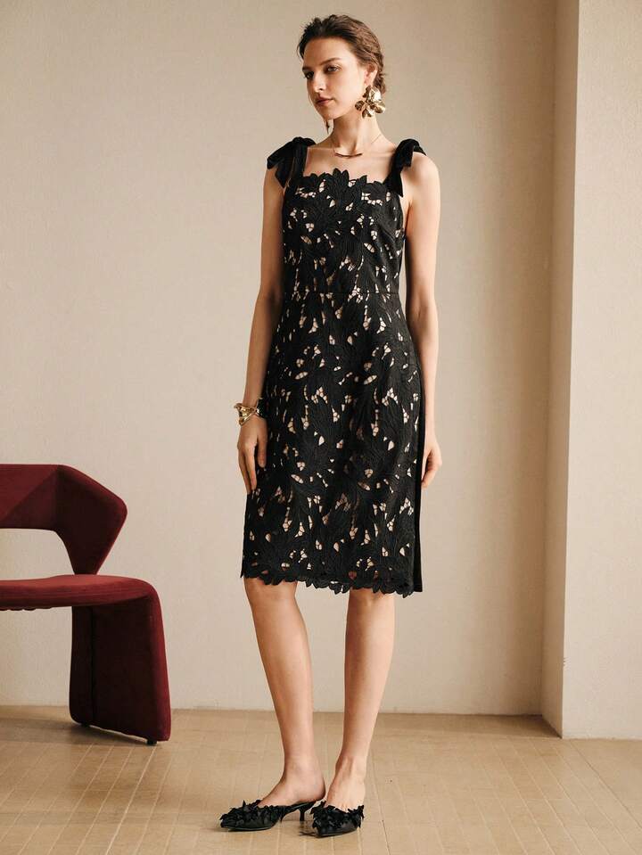 CM-DS973400 Women Trendy Bohemian Style Spaghetti Strap Bow Tie Corduroy Contrast Lace Dress - Black