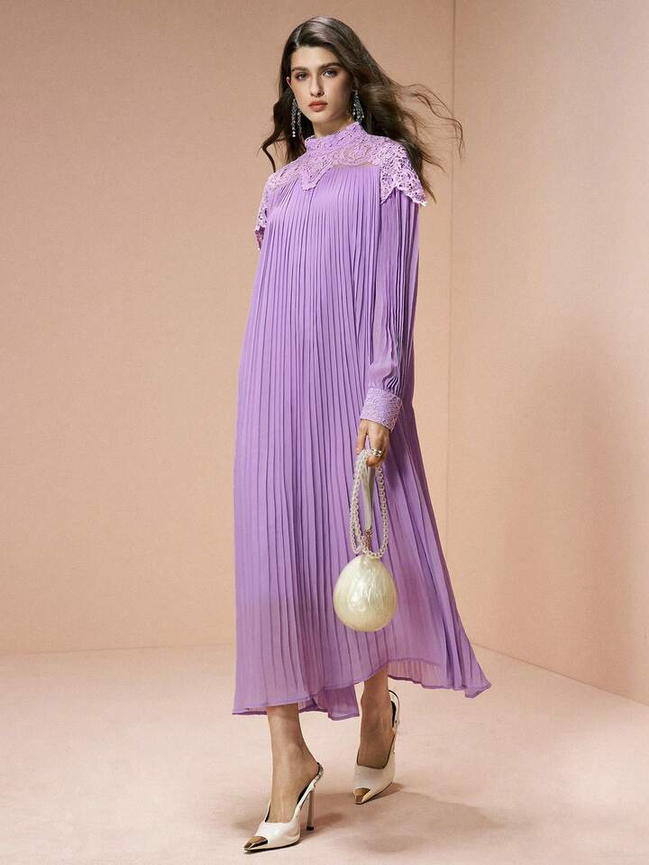 CM-DS105328 Women Elegant Seoul Style Lace-Trimmed Fitted Waist Loose Fit Pleated Chiffon Dress - Purple