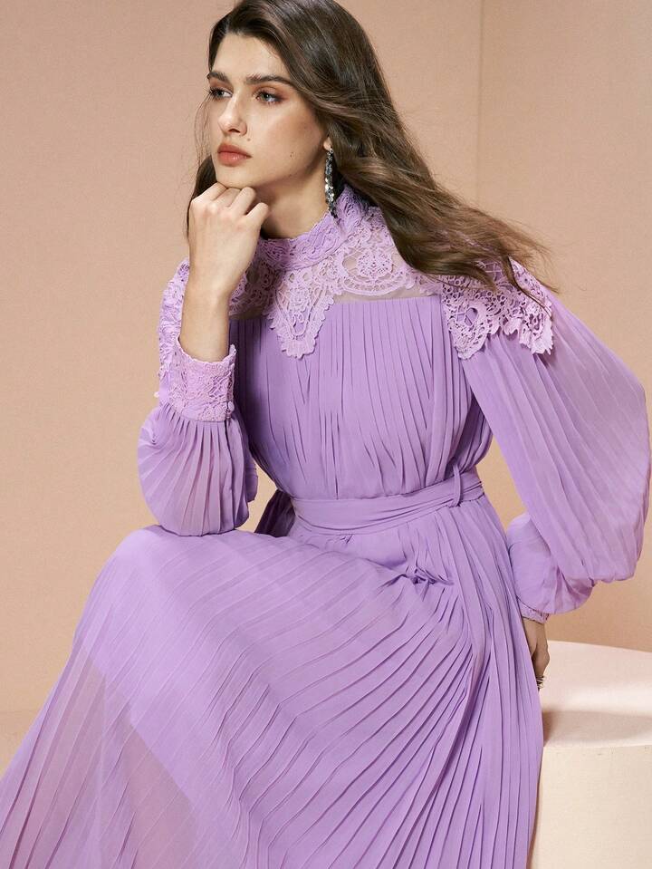 CM-DS105328 Women Elegant Seoul Style Lace-Trimmed Fitted Waist Loose Fit Pleated Chiffon Dress - Purple