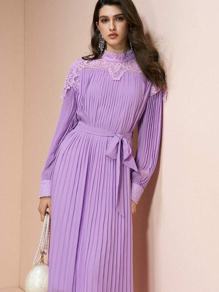 CM-DS105328 Women Elegant Seoul Style Lace-Trimmed Fitted Waist Loose Fit Pleated Chiffon Dress - Purple