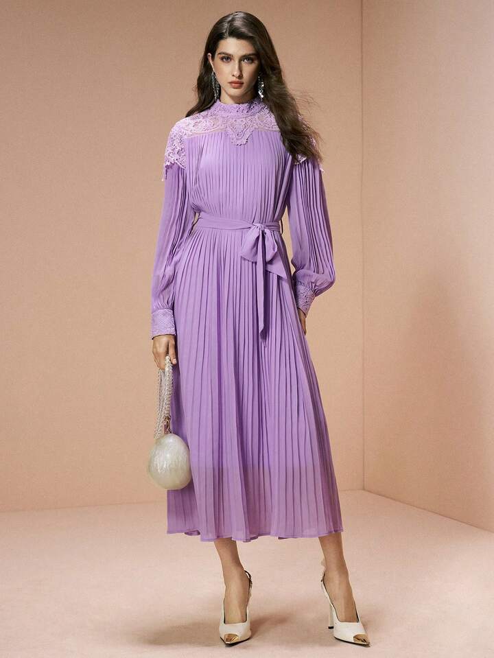 CM-DS105328 Women Elegant Seoul Style Lace-Trimmed Fitted Waist Loose Fit Pleated Chiffon Dress - Purple