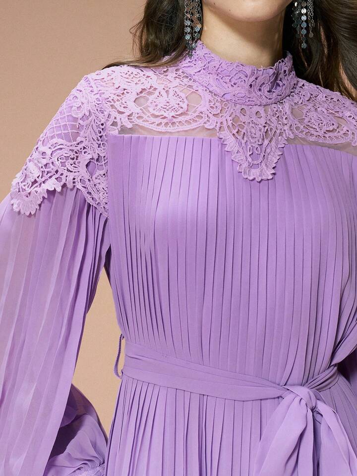 CM-DS105328 Women Elegant Seoul Style Lace-Trimmed Fitted Waist Loose Fit Pleated Chiffon Dress - Purple