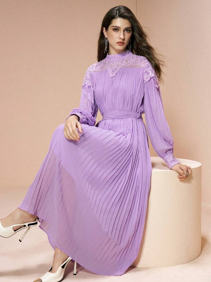 CM-DS105328 Women Elegant Seoul Style Lace-Trimmed Fitted Waist Loose Fit Pleated Chiffon Dress - Purple