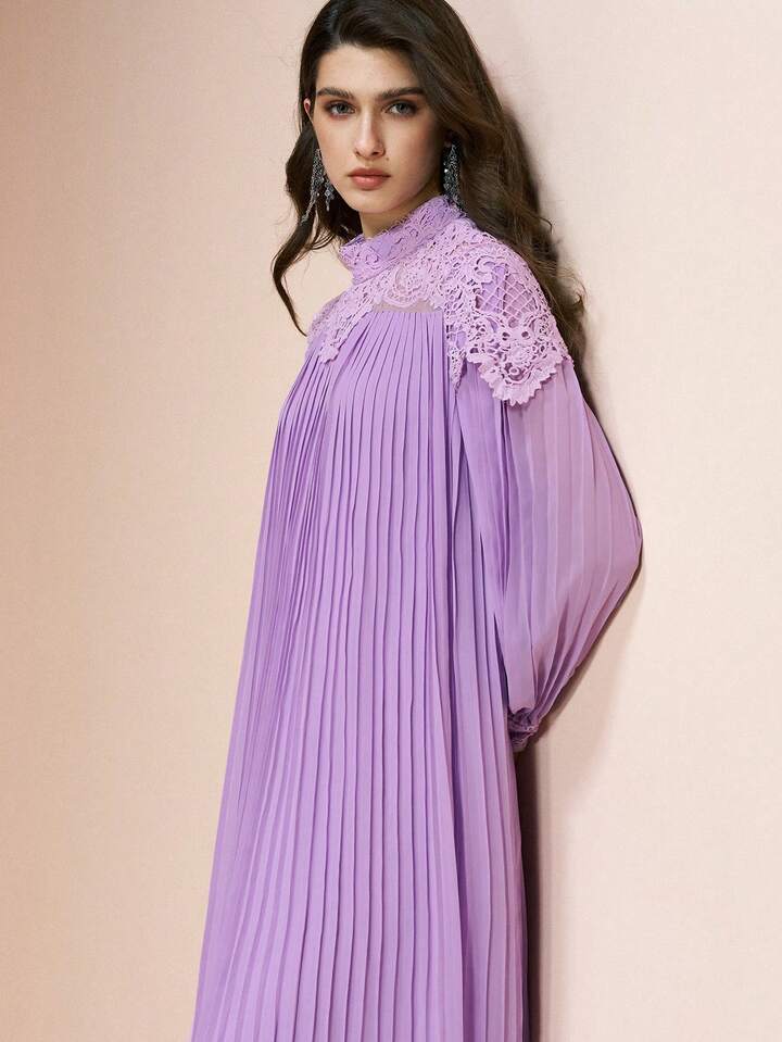 CM-DS105328 Women Elegant Seoul Style Lace-Trimmed Fitted Waist Loose Fit Pleated Chiffon Dress - Purple