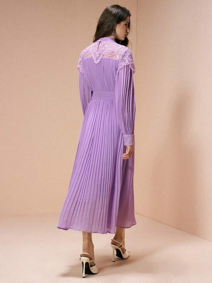 CM-DS105328 Women Elegant Seoul Style Lace-Trimmed Fitted Waist Loose Fit Pleated Chiffon Dress - Purple