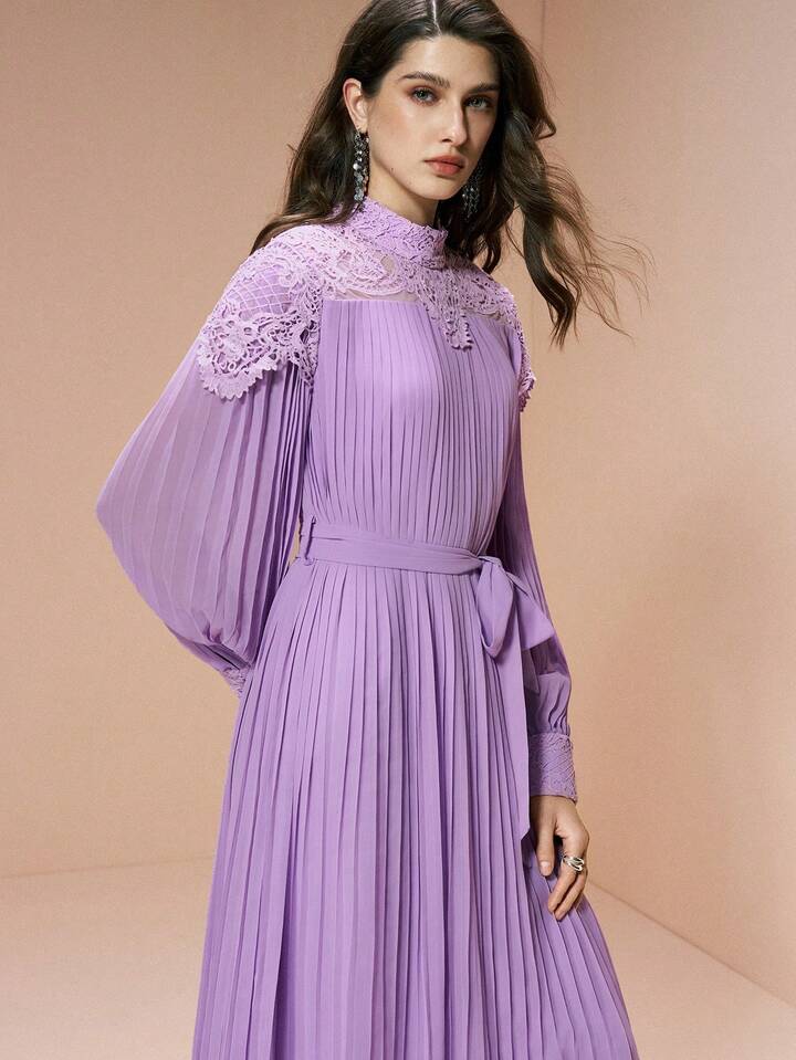 CM-DS105328 Women Elegant Seoul Style Lace-Trimmed Fitted Waist Loose Fit Pleated Chiffon Dress - Purple