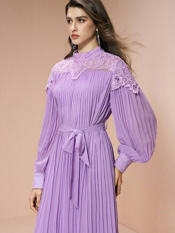 CM-DS105328 Women Elegant Seoul Style Lace-Trimmed Fitted Waist Loose Fit Pleated Chiffon Dress - Purple