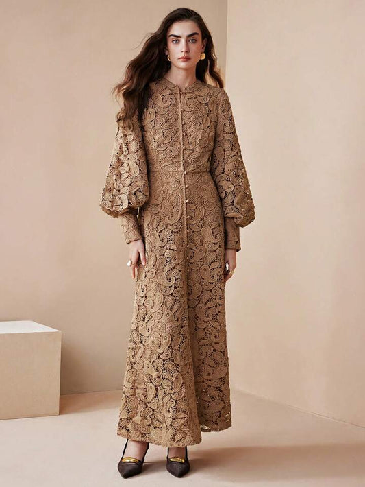 CM-DS541343 Women Elegant Seoul Style Embroidered Floral Design Extra Long Sleeve A-Line Maxi Dress - Apricot