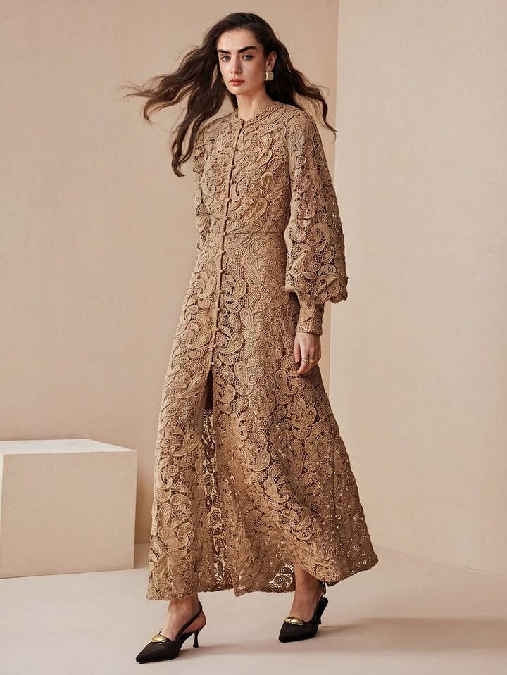 CM-DS541343 Women Elegant Seoul Style Embroidered Floral Design Extra Long Sleeve A-Line Maxi Dress - Apricot