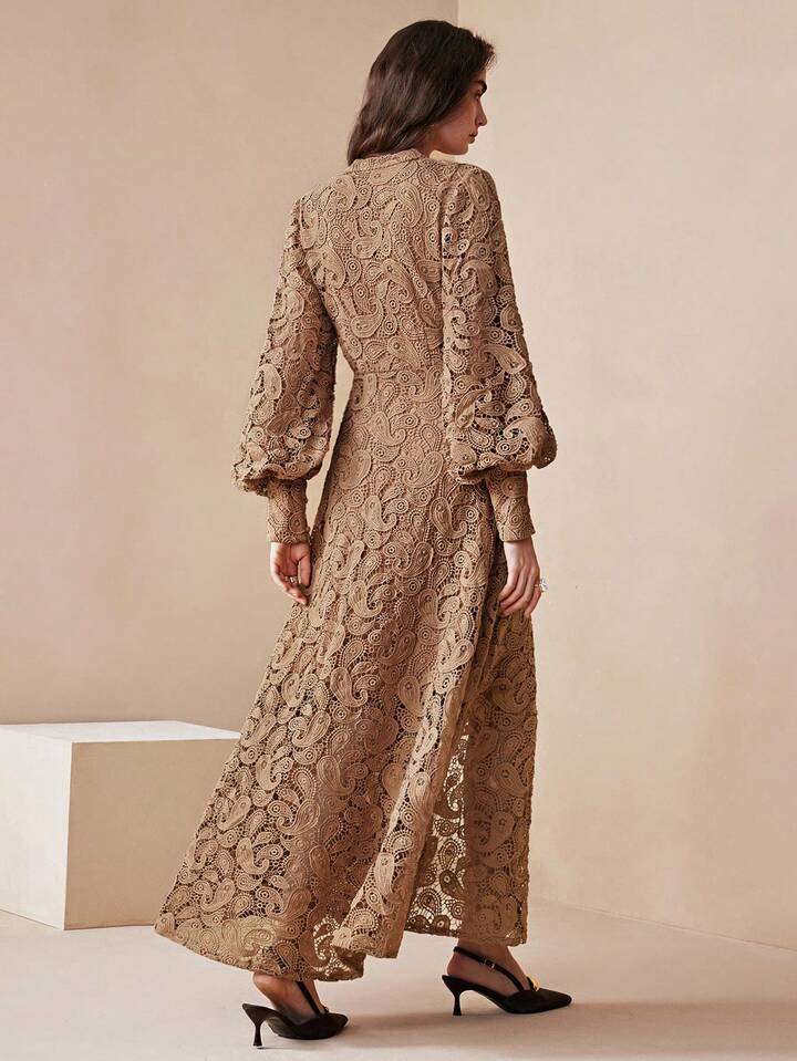 CM-DS541343 Women Elegant Seoul Style Embroidered Floral Design Extra Long Sleeve A-Line Maxi Dress - Apricot